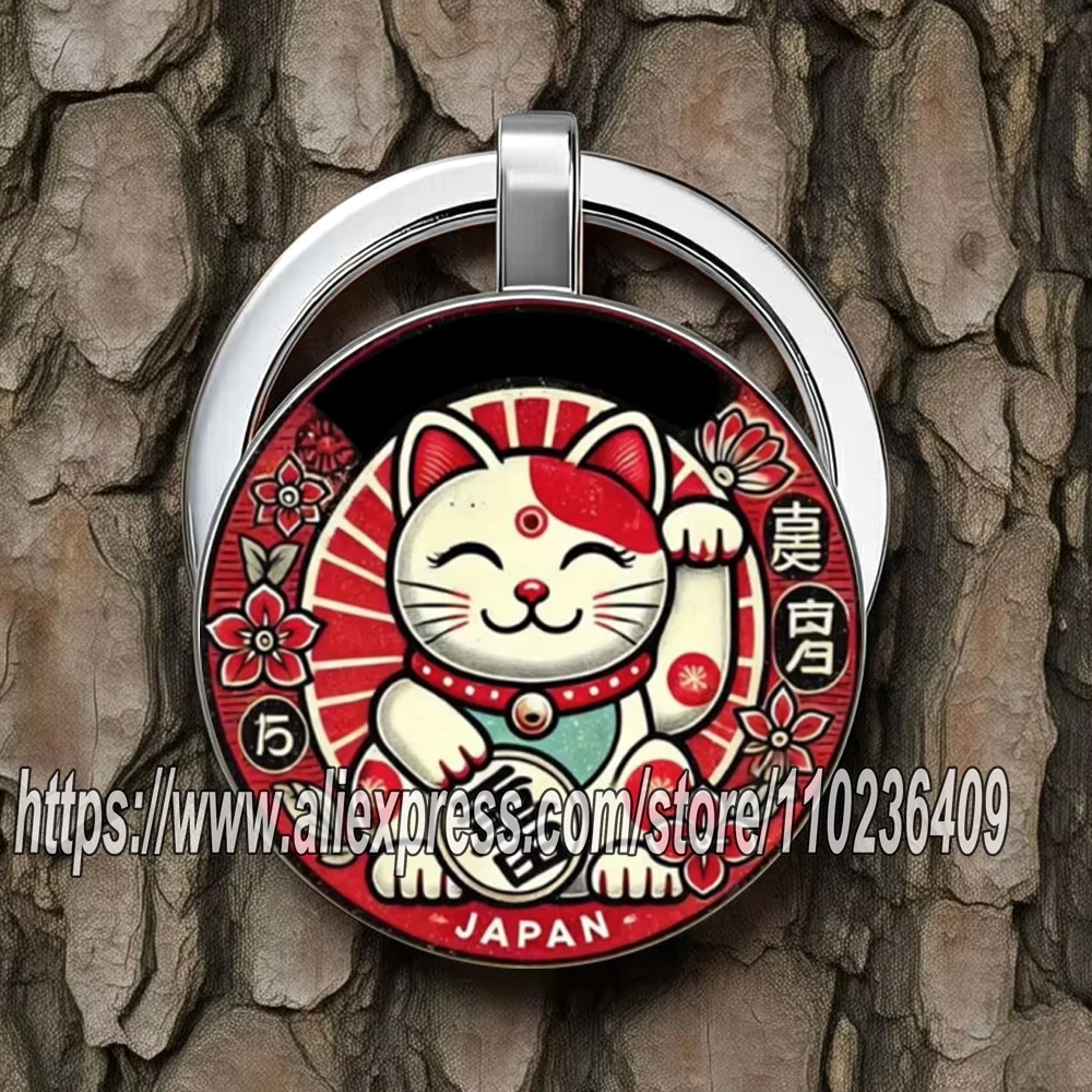 Zinc Alloy Keychain Printed Fortune Cat Keychain Lucky Cat Keychain with Red Flower Pattern Fortune Cat for Home Decoration