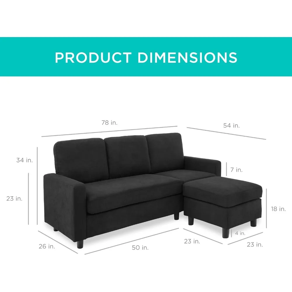 Upholstered Sectional Sofa, Compact Spaces w/Chaise Lounge, 3-Seat, L-Shape Design, Reversible Ottoman Bench, 680lb Capacity