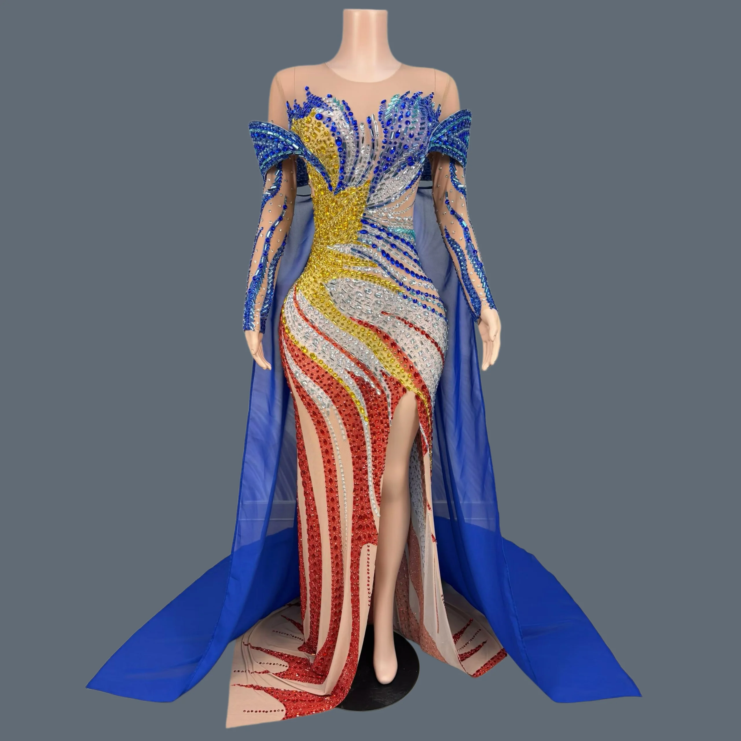 

Masquerade Drag Queen Performer Wear Women Luxury Sparkly Rhinestone Dance Long Dress Gala Red Carpet Elegant Evening Gown Qilin