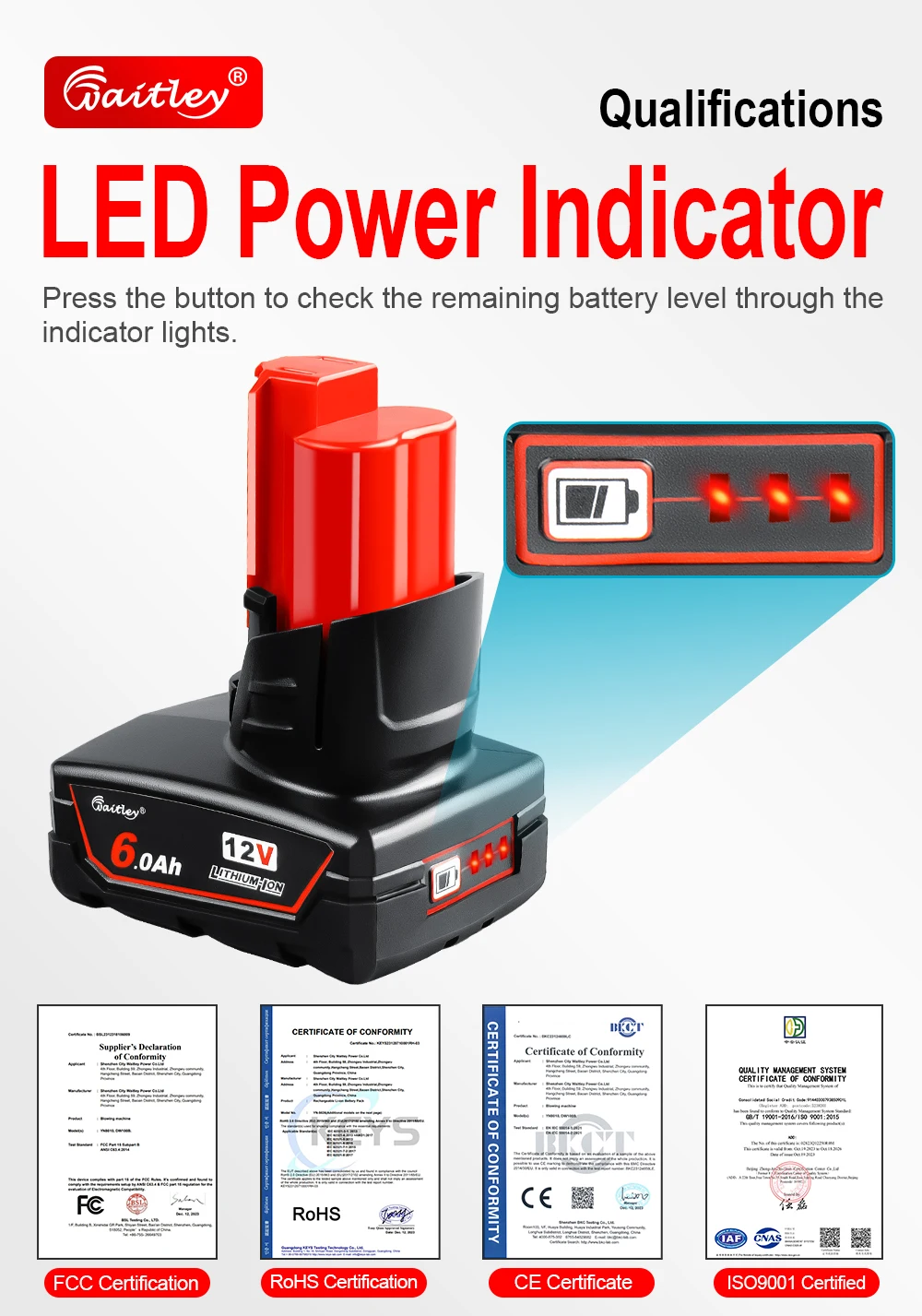 Waitley 12V 6Ah 9Ah Li-Ionen-Akku für Milwaukee 12V Elektrowerkzeuge M12 Kabelloser Bohrer Lithium-Ionen-Batterien 48-11-2402 – Detail 4