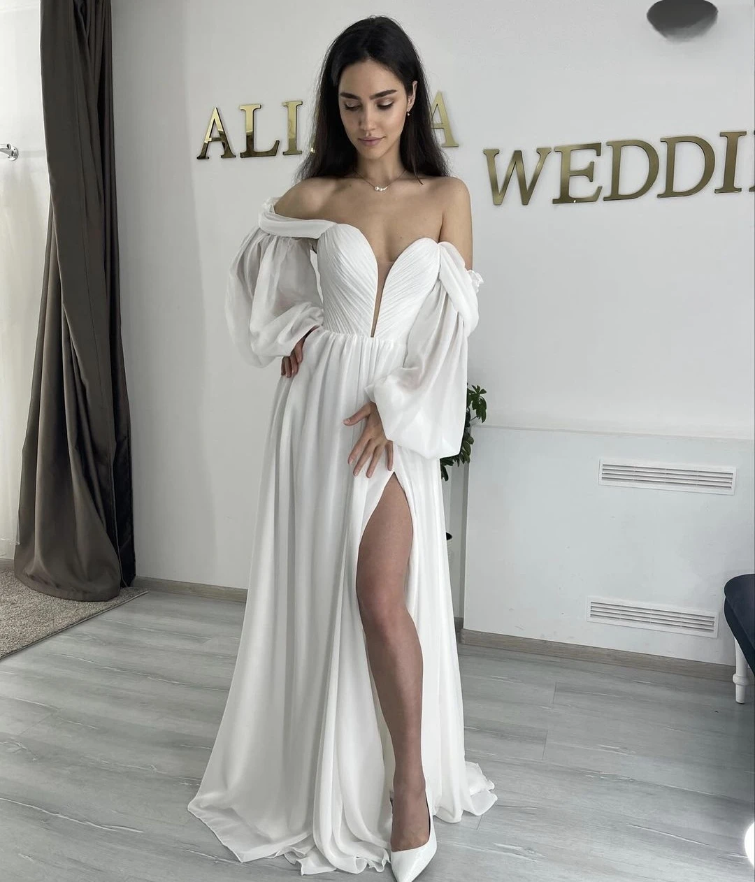 Elegant Vestidos de Novia Chiffon Soft A-Line Pleat SIde Slit Wedding Dress Off The Shoulder Customize To Measures Bridal Gowns