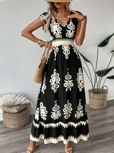 Vestidos elegantes de manga corta con cuello en V para mujer, vestido con estampado Floral de estilo de vacaciones con patrón geométrico, vestido veraniego para la playa, talla S-XXL