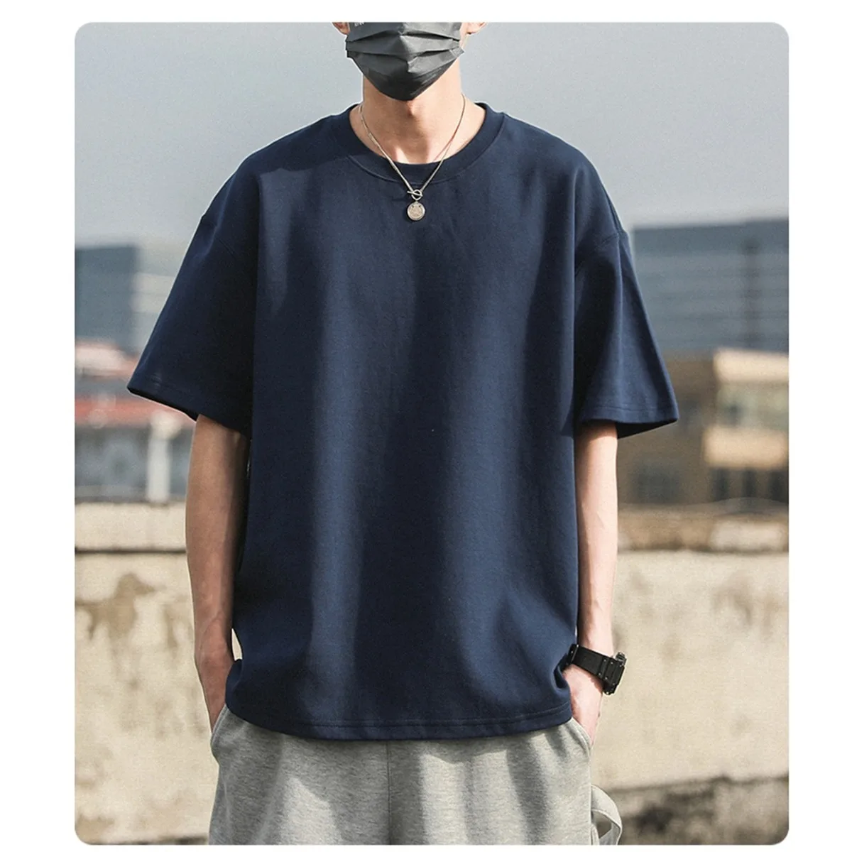 

Simple solid color high-end 100% pure cotton short sleeved men's autumn and winter loose and versatile trendy T-shirt