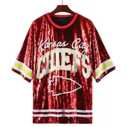 #0209 Red Hip Hop T Shirt Women Loose Letters Cartoon Split Joint Short Sleeve Shinny Sequins T Shirt Streetwear Baseball Tshirt