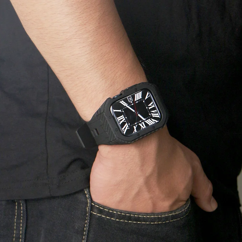 Mod Kit Carbon Fiber Pattern AP Style Case for Apple Watch Band 8 7 45mm 6 5 4 Silicone Strap Watchband PC Cover Rubber Bracelet