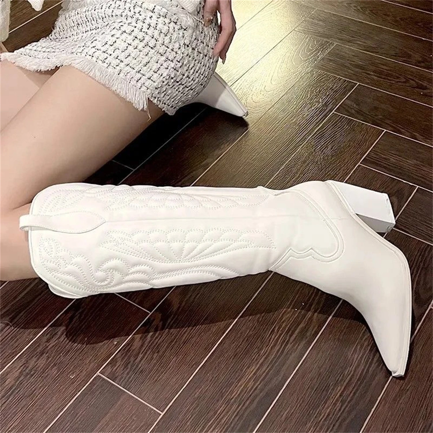 White Black Long Santiag Embroidery Autumn Winter Pointed Toe Texana Knee High Heels Women Western Cowboy Boots