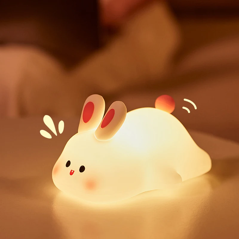 Big Face Rabbit Night Light, Coelho de silicone, Lâmpada macia dos desenhos animados, Touch Night Light, Crianças Sleep Light, Decoração do quarto