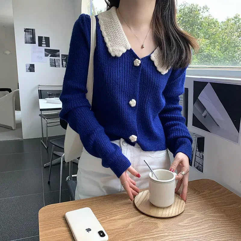 

Fashion Blue Sweaters Women's Clothing Peter Pan Collar Autumn Winter Long Sleeve Korean Vintage Straight Knitted Cardigan B566