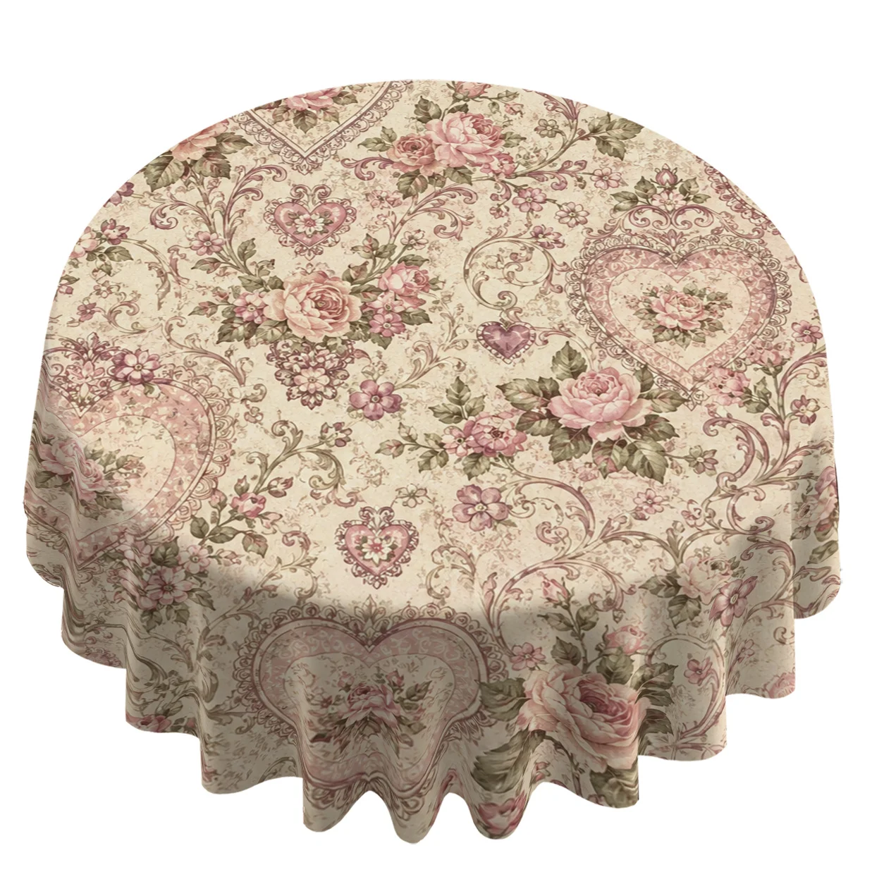 1pc Round Tablecloth with a Vintage 2D Pattern Composed of Heart, Rose, and Floral Designs, Suitable for Home, Kitchen