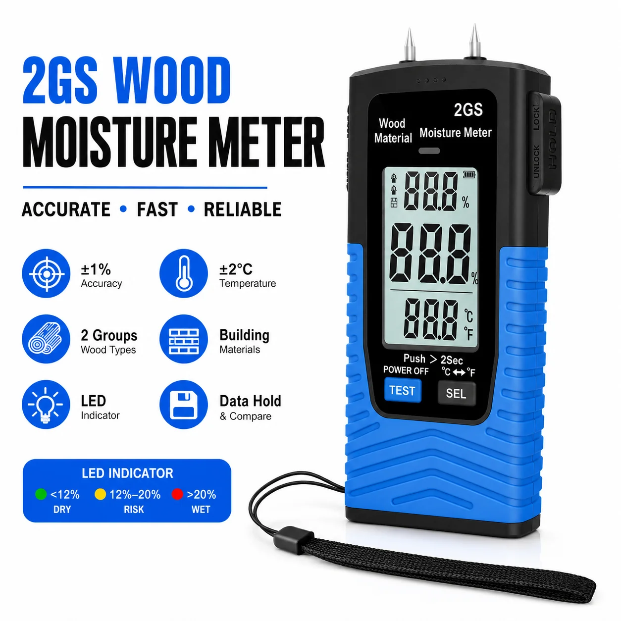 Moisture Meter 2-in-1 Pin/Pinless Digital Wood Concrete Tester, 3-Color LED & Auto-Off for Firewood Drywall Building Materials