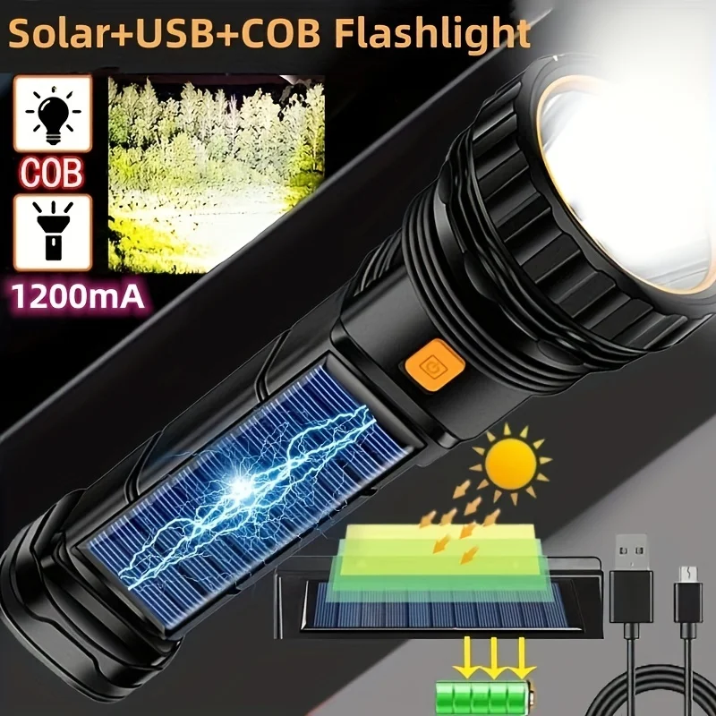 Solar USB Rechargeable Flashlight Portable Waterproof Flashlights Super Bright Torch for Any Adventure