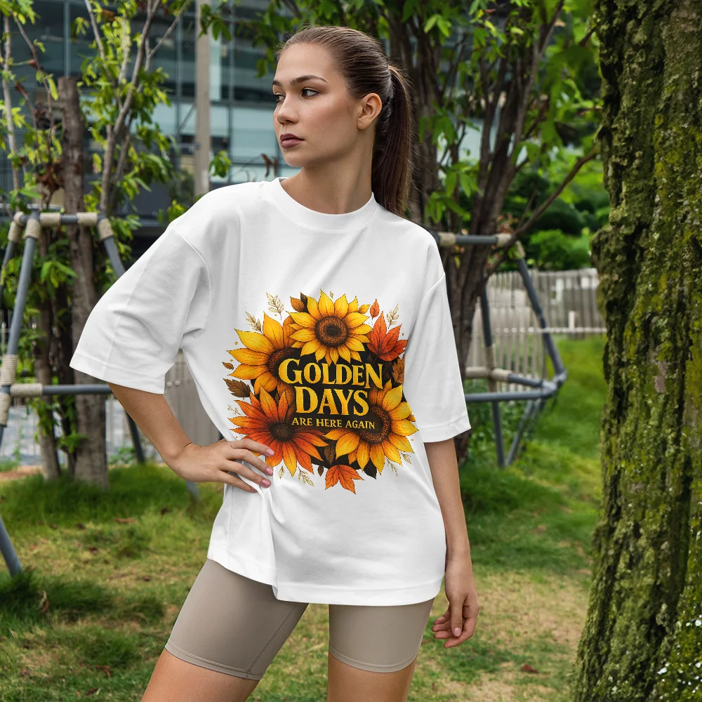 

Удобная женская футболка с принтом "Golden-Days-Sunflower" Осенняя женская футболка с рисунком Женская футболка Топ