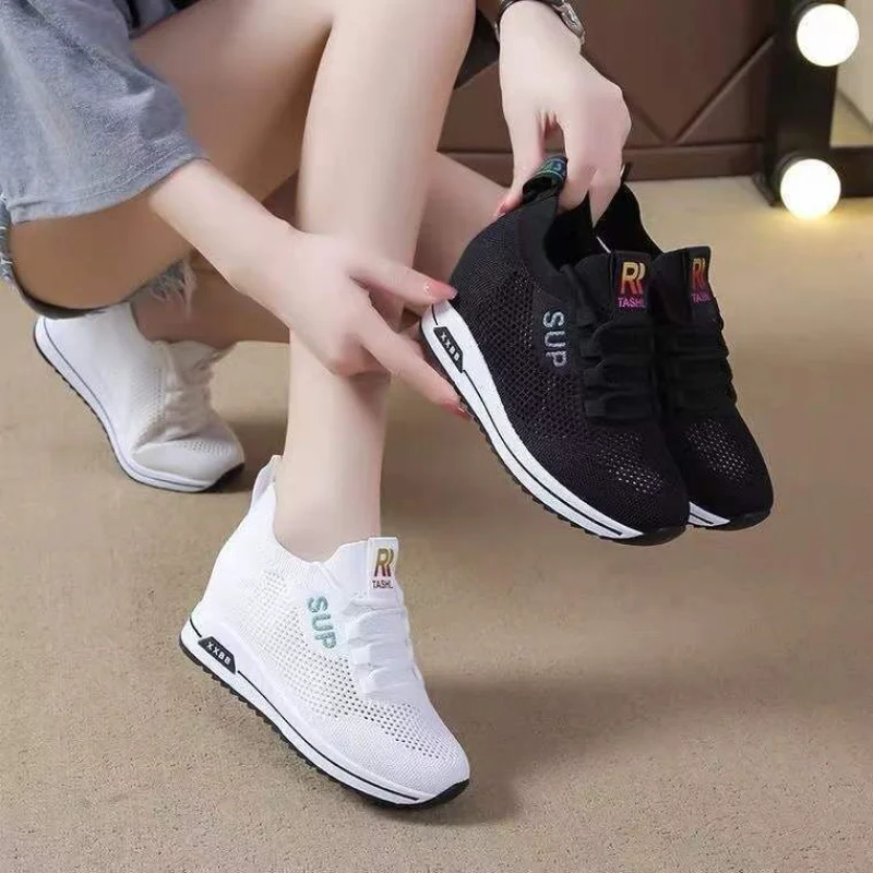 Women\'s Thick-soled Breathable Shoes High-heeled White Pink Sports Casual Shoes Mesh Black High-heeled Non-slip Casual Shoes