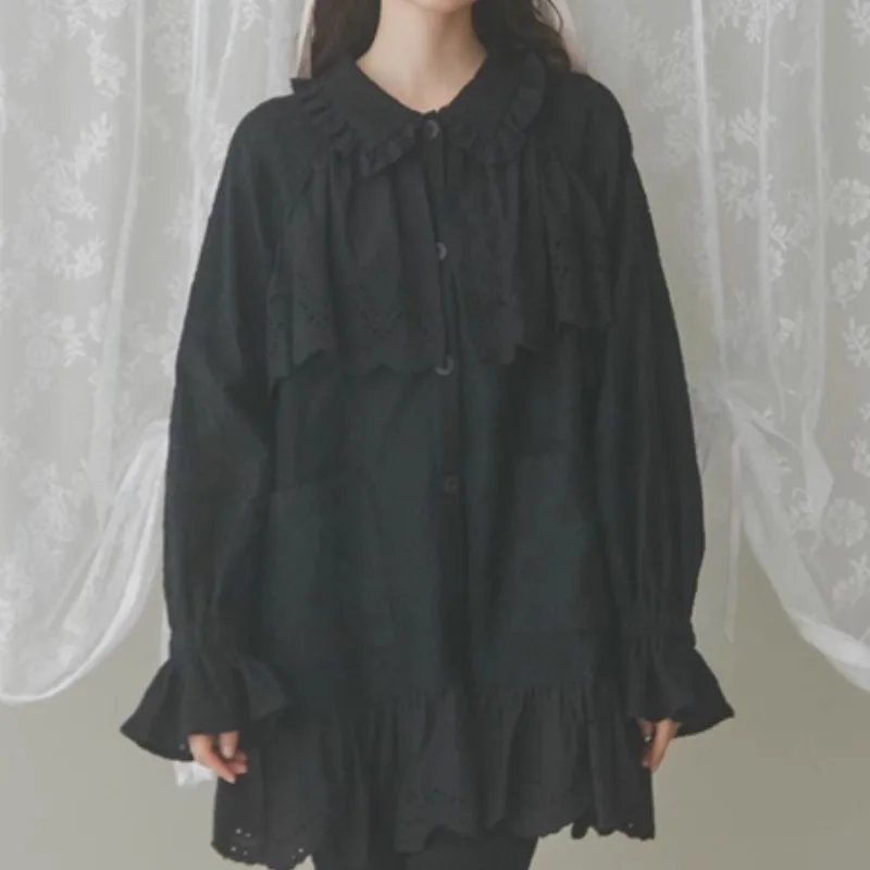 

Heavy Embroidery Lace Trim Patchwork Long Sleeves Shirt Sweet Ruffle Collar Japanese Women's Cardigan Single-breasted Blouse
