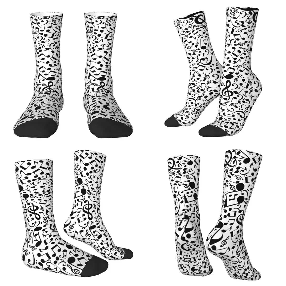 

White On Black Music Notes Happy Pattern Socks Harajuku Sweat Absorbing Stockings All Season Long Socks for Unisex Gifts