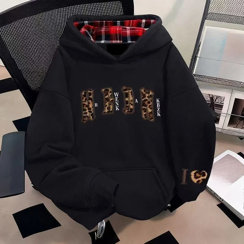 Japanese Gothic Lolita Hoodies Women Leopard Letter Print Plaid Hood Sweatshirts Y2K Autumn Winter Girls Loose Streetwear Tops