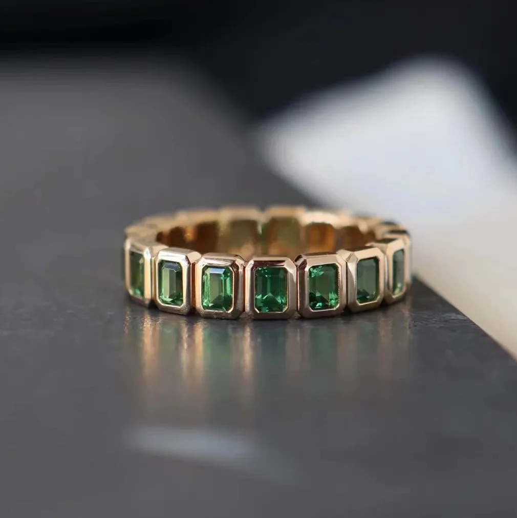 Imitation Emerald A Row Interlocking Block Ring Rose Golden Color Ring Simple and Mature Men's Charm Simple and Elegant Jewelry