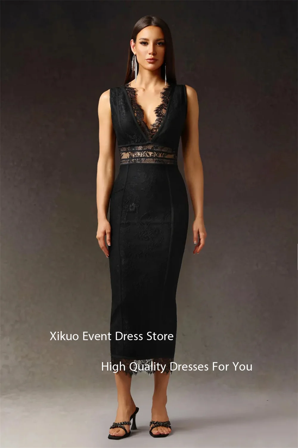 Xikuo Unique V Neck Black Evening Dresses Lace Eye Catching Sleeveless Party Gowns Tea Length Appliques Abiti Da Sera Customized