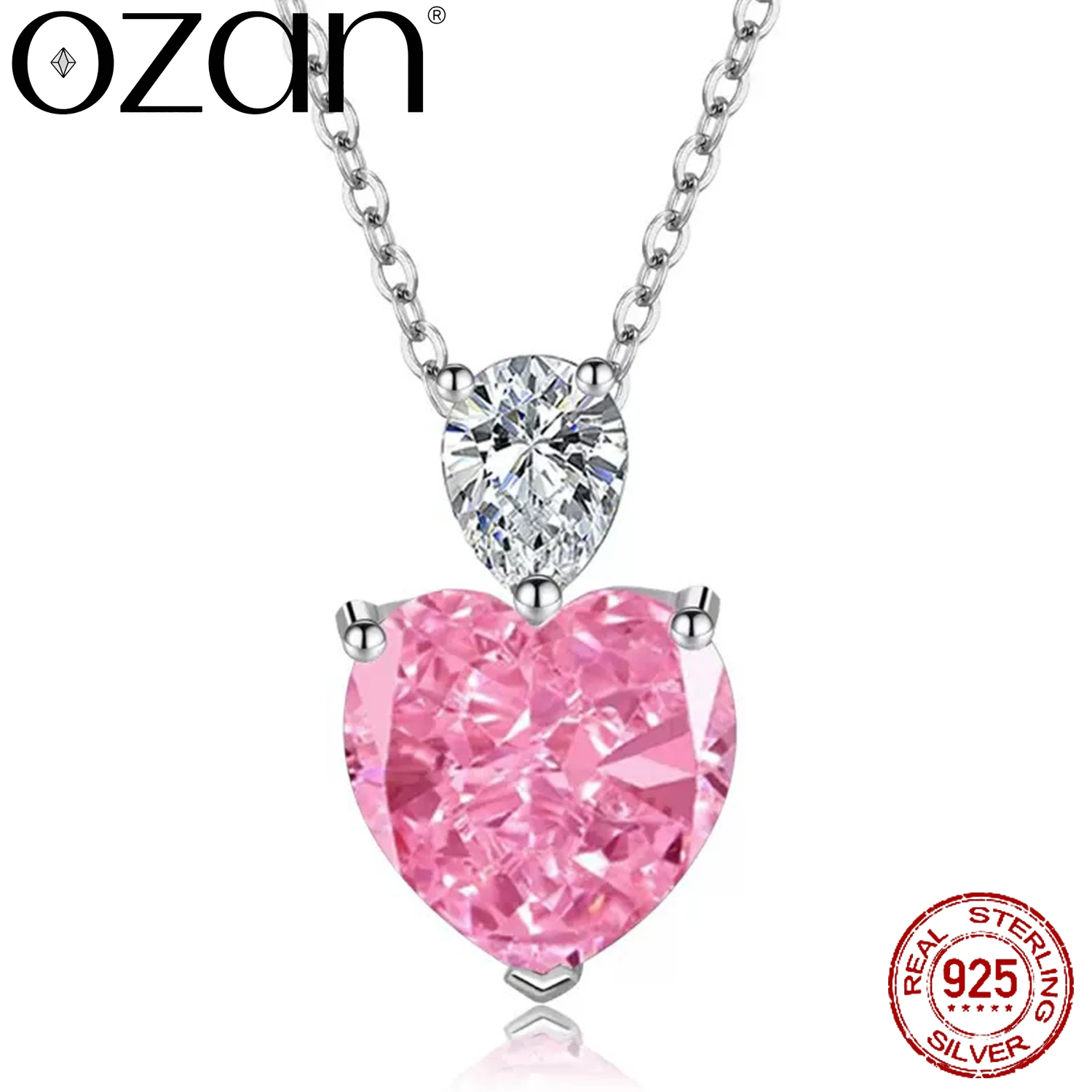 OZAN 925 Sterling Silber Anhänger Liebesherz Rosa Blau CZ Bunter Edelstein-Anhänger Feiner Schmuck für Frauen Jubiläumsgeschenk