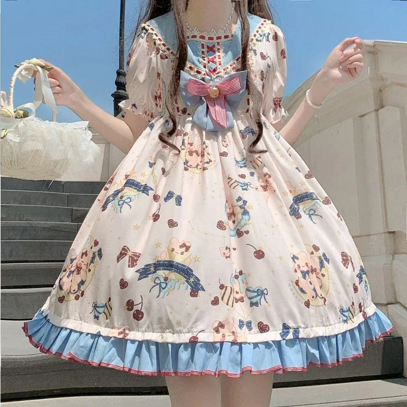 Japanese Vintage Lolita Princess Dress Women Sweet Bow Kawaii Dresses Girly Short Sleeved Party Mini Dress Large Size 4xl 150kg