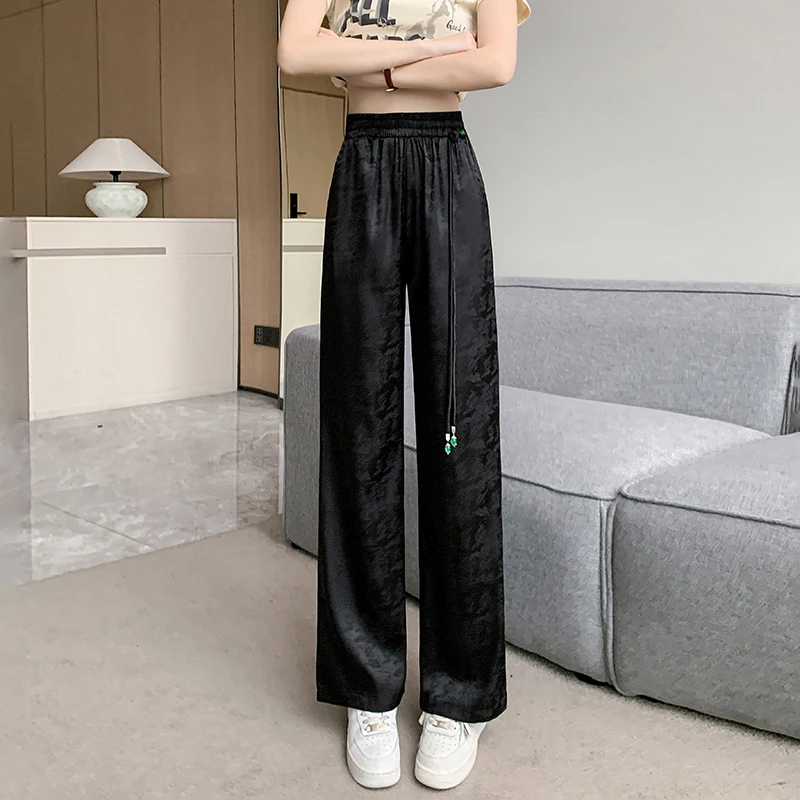 New Chinese style satin jacquard women's spring new high waisted draped straight leg wide leg pants, casual pants