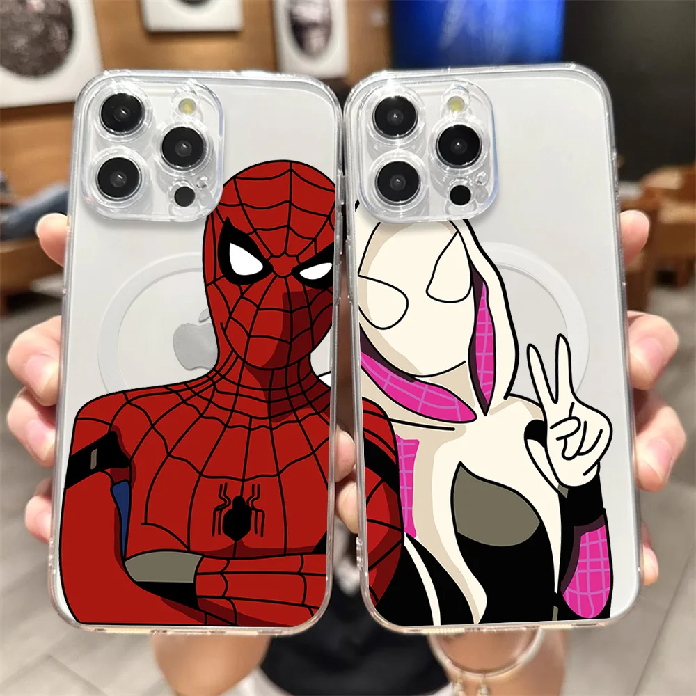 S-Spider M-Man G-Gwen Phone Case for iPhone 12 11 13 14 15 16 Max Pro Plus Transparent Magsafe Magnetic Wireless Cover