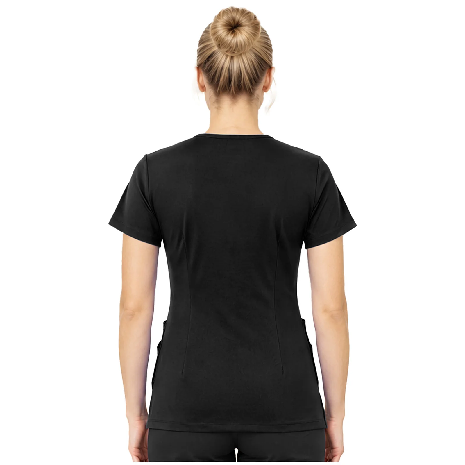 Women Nurse Scrub Top Cutout Collar Short Sleeve Side Slit T-shirt with Multiple Pockets for Yoga Workout Exercise Sportswear