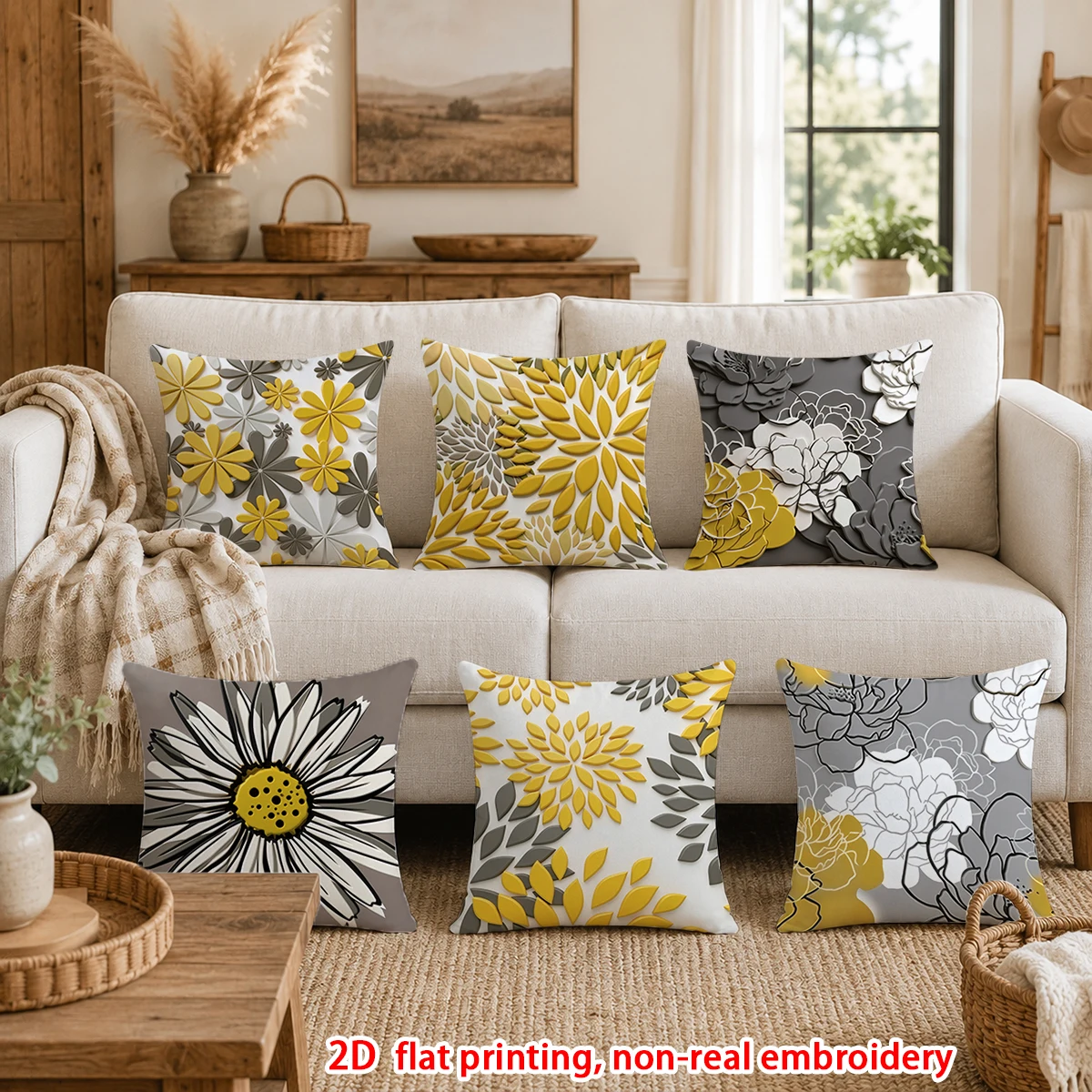 1pc  Modern Yellow Grey Floral Throw Pillow Covers, Decorative Square Cushion Cases for Sofa Bedroom Living Room