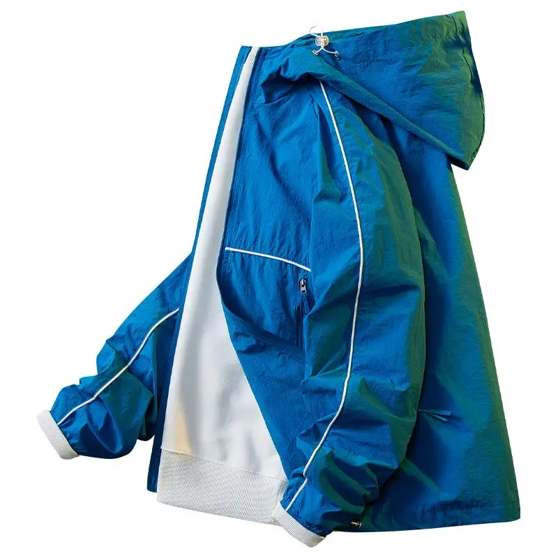 سترة خفيفة الوزن للصيف للرجال مع غطاء للرأس للحماية من الشمس، سترة تنفس رقيقة بأكمام طويلة من قماش الحرير الصناعي #4