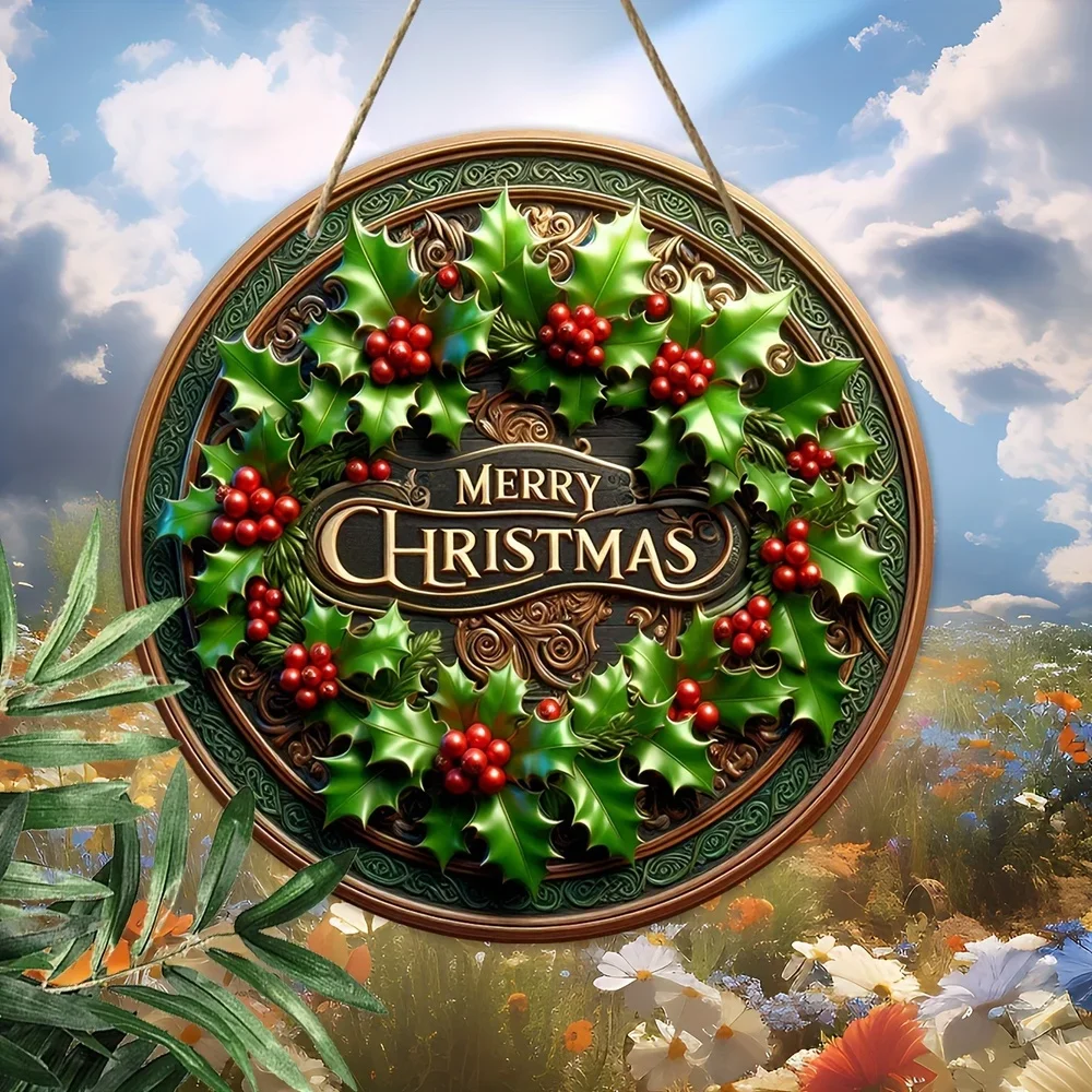 1 Piece，Christmas Wreath Wall Art Decor Sign - Manufactured Wood 