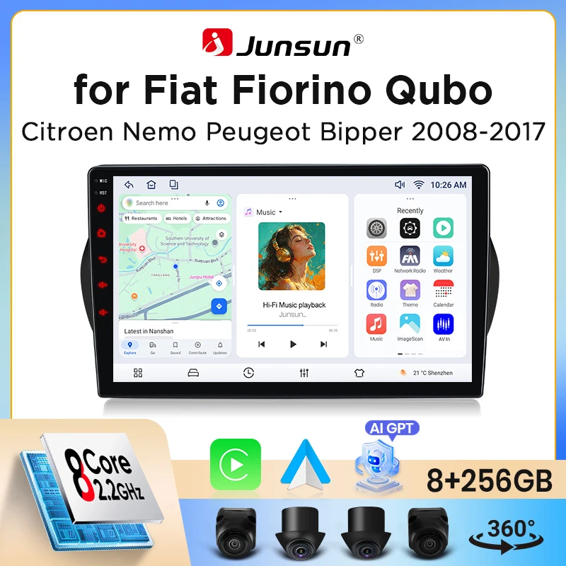 Image of Junsun Wireless CarPlay Android Auto Autoradio für Fiat Fiorino / Qubo / Citroen Nemo / Peugeot Bipper 2008-2017 mit integriertem Lüfter, Android GPS-Navigation, Multimedia-Player, WiFi, DSP, RDS, BT,