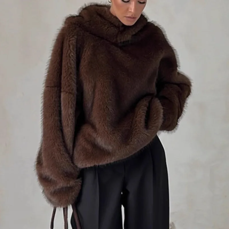 

Женские толстовки из искусственного меха, осенне-зимние утепленные теплые топы, женские толстовки с капюшоном и длинными рукавами, пушистая верхняя одежда, винтажные пуловеры