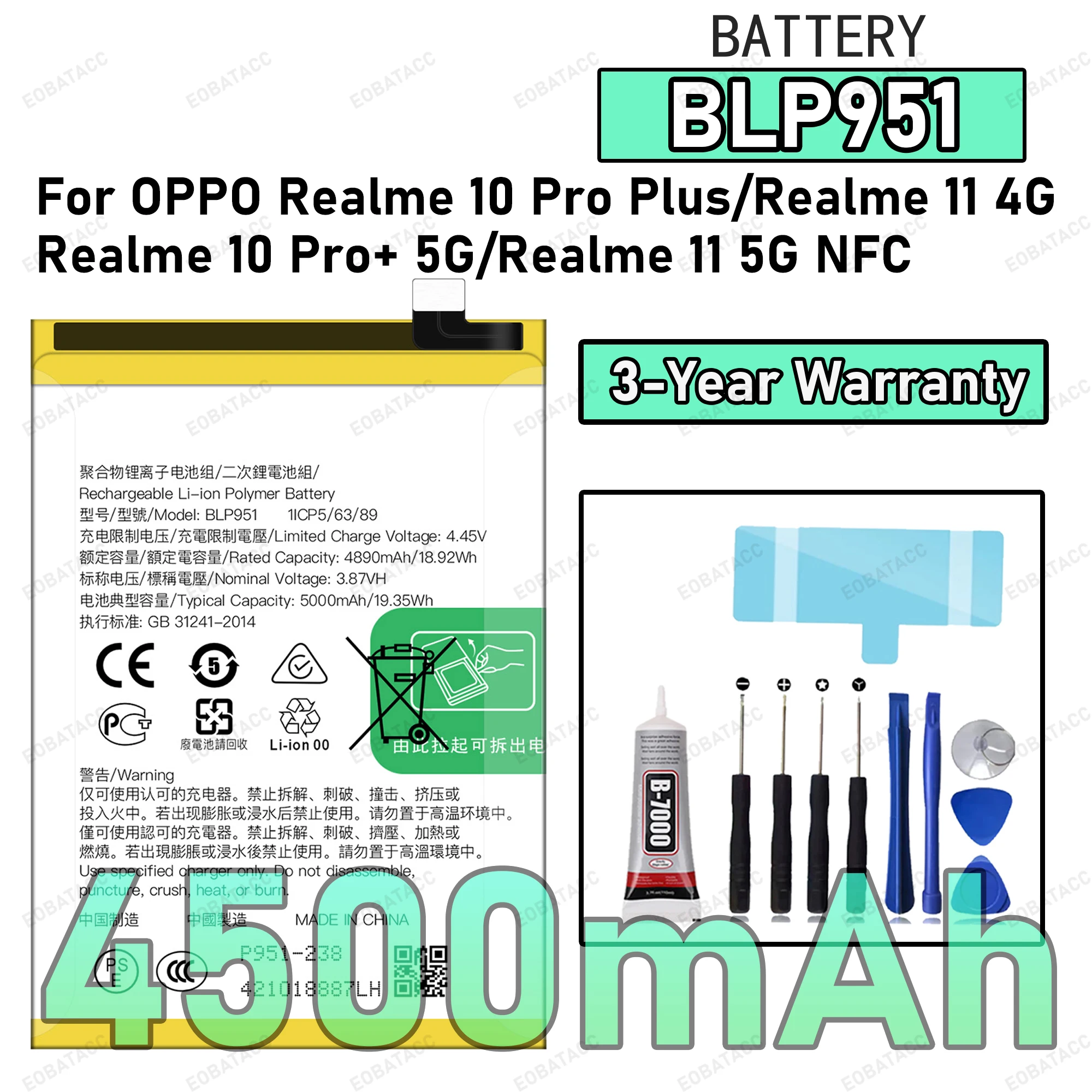 4500mAh BLP951 Battery For OPPO Realme 10 Pro Plus/Realme 11 4G Replacement Bateria+Free Tools