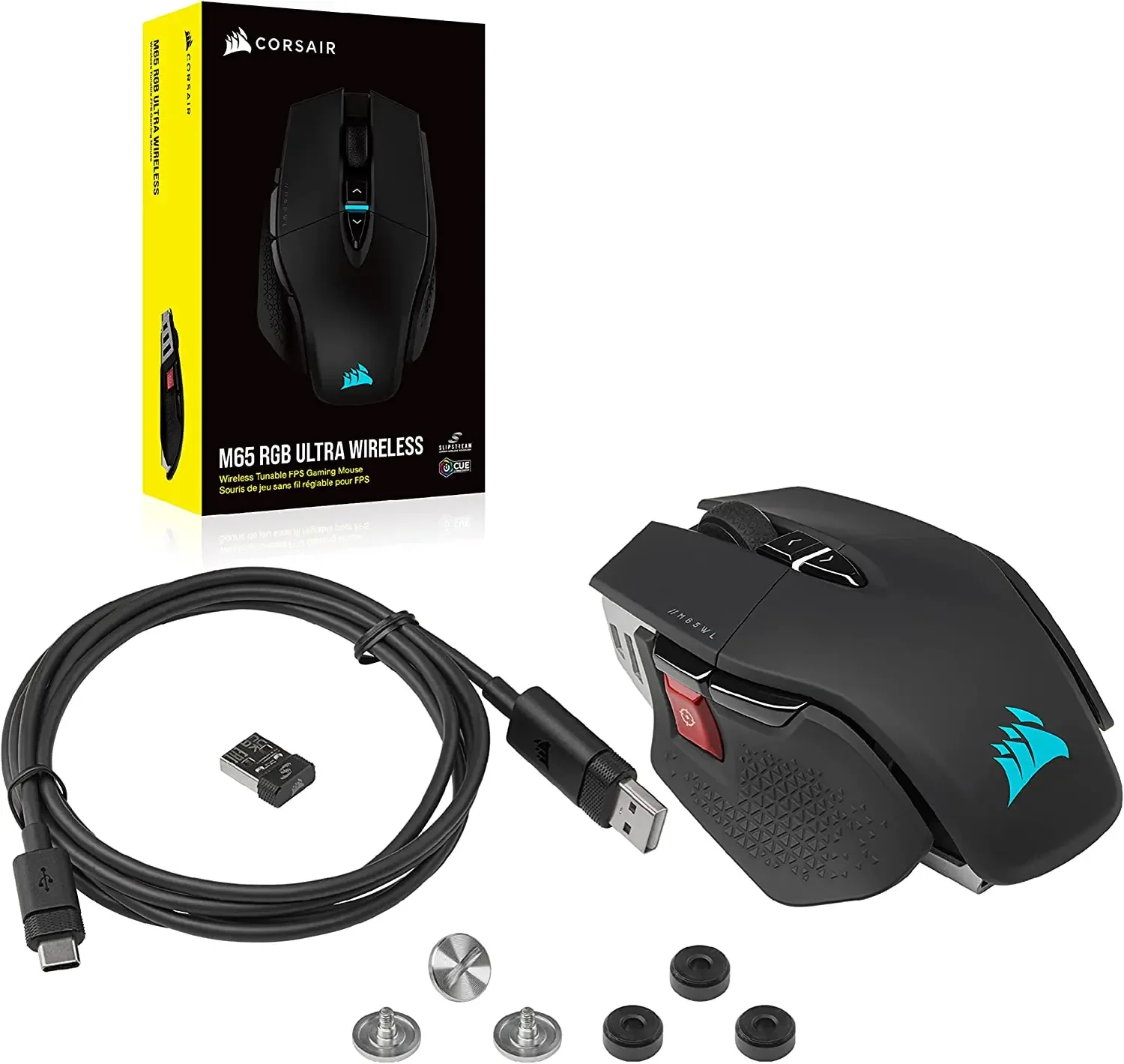 Corsair M65 RGB Ultra Wireless, Tunable FPS Wireless Gaming MouseSub-1ms Slipstream Wireless Technology, 26,000 DPI -White/Black