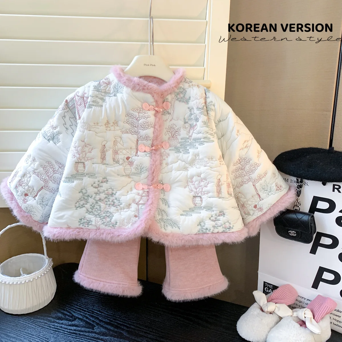 

Girl Suit 2023 Autumn Winter Chinese Style Sets Baby Girl Thick Cotton Printed Coat Fleece Pants Two Piece Suit Children Clothes