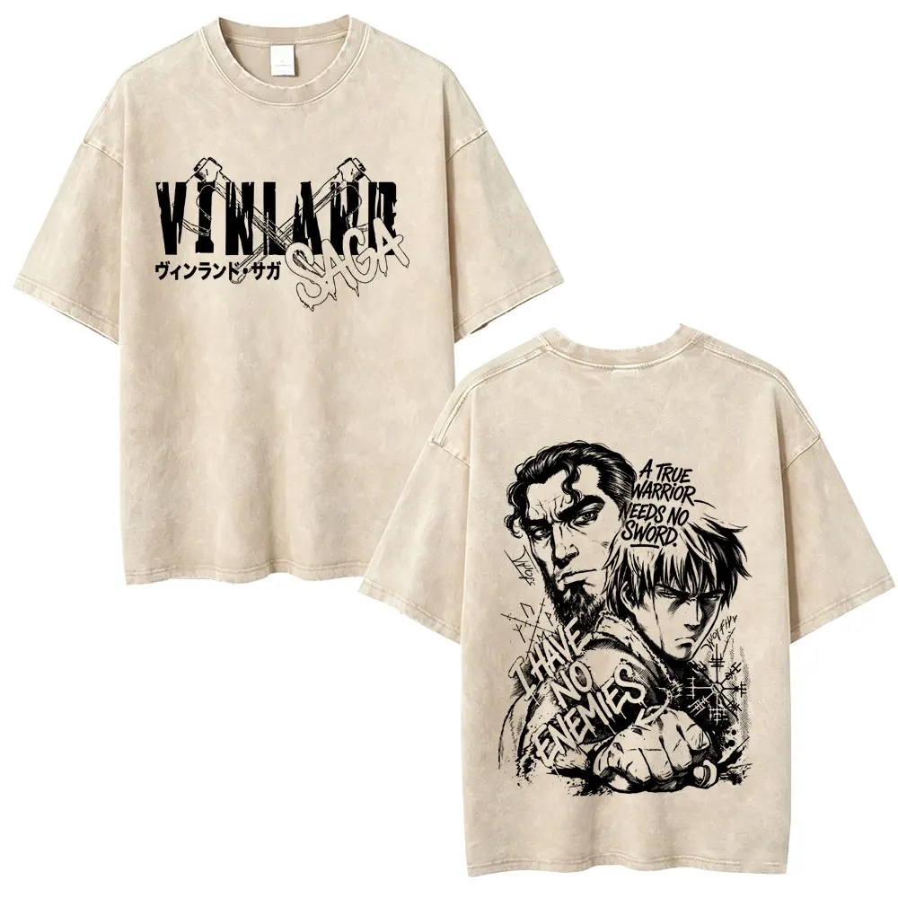 Anime Vinland Saga Thorfinn I Have No Enemies Washed Vintage T Shirt Men's Women Manga Casual Oversized T-shirts Male Streetwear