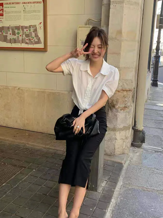 

Summer Women's Short Sleeve Shirt with Pleated Collar Slimming Waist Tie Korean Style Cotton Casual Fashion Top