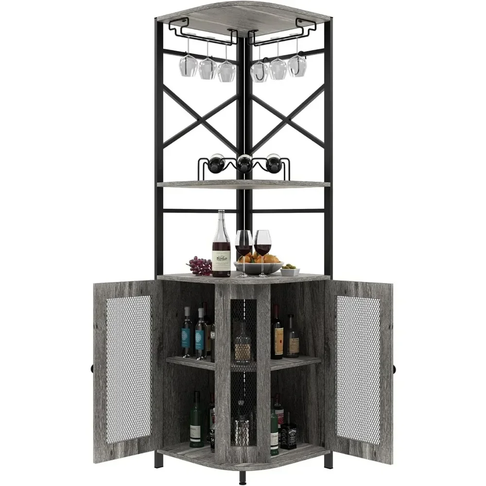 Bar Cabinet with Wine Rack and Glass Rack, Corner Cabinet with Adjustable Shelves, Home Wine Cabinet Bar,