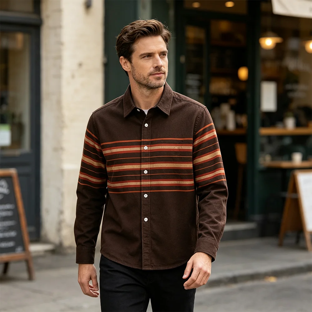 Simple Classic Striped Print Cotton Shirt Daily Commute Autumn Men's Lapel Tops Street Vintage Casual Button Long Sleeve Shirts