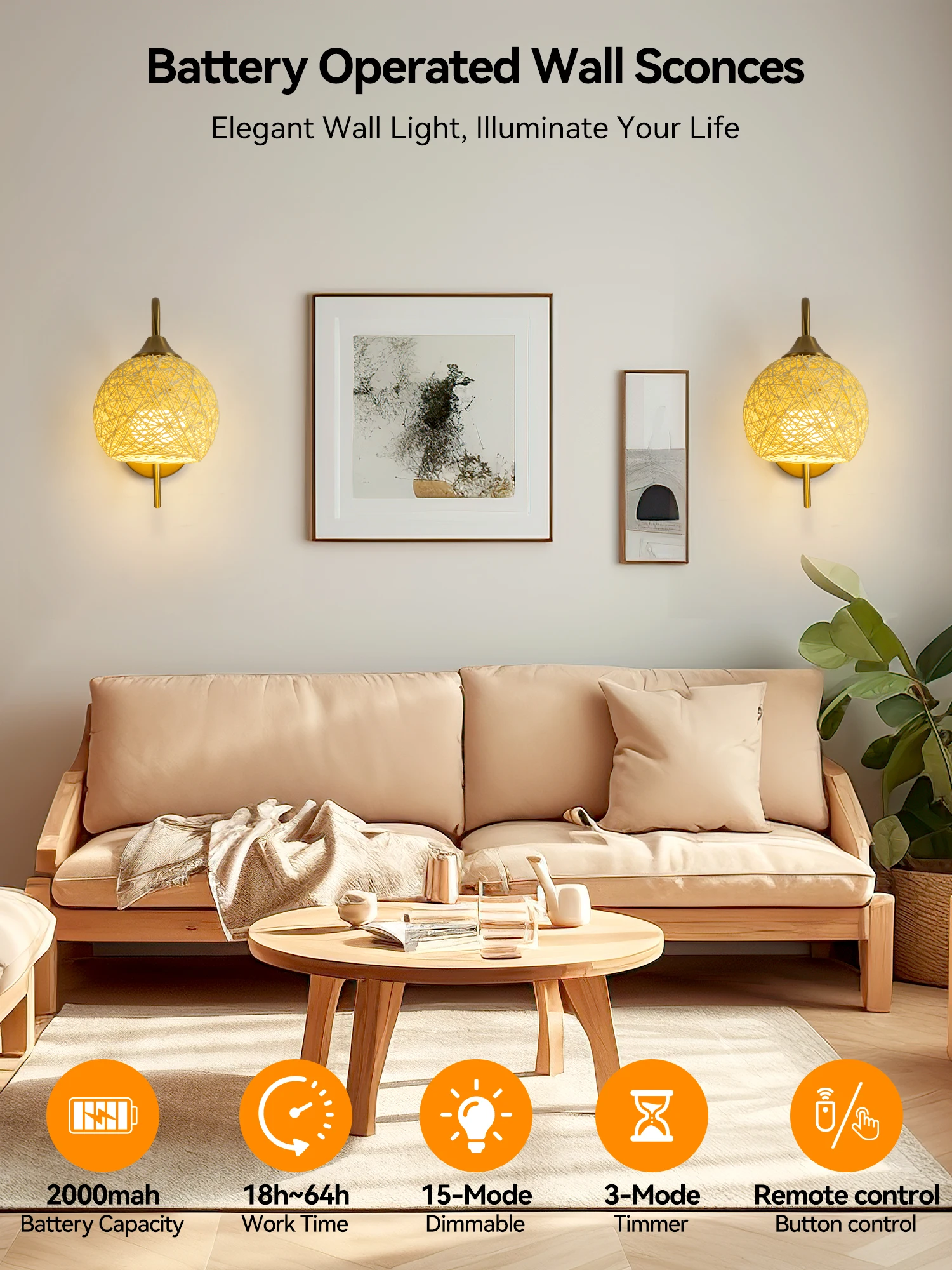 Battery-Powered Wall Light, Wireless Charging Wall Light, with 2000Mah Dimmable Detachable Bulb and Remote Control, 15-Color Wall Light, Bedroom Living Room Hallway Wall Decoration