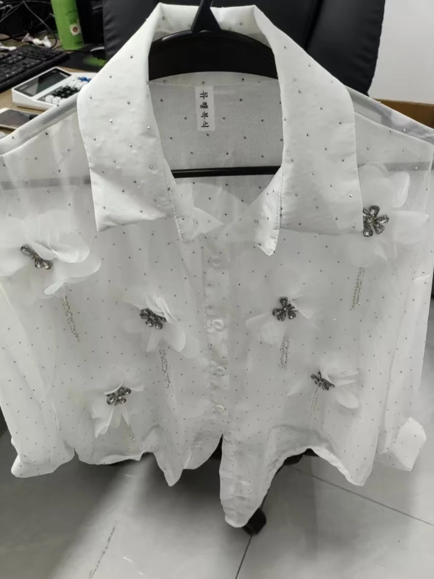 

High Quality Sparkle Dimaonds Sunscreen Shirts Blouses for Women's Sexy Crop White Tops Spring Summer 2026 Woman Clothing