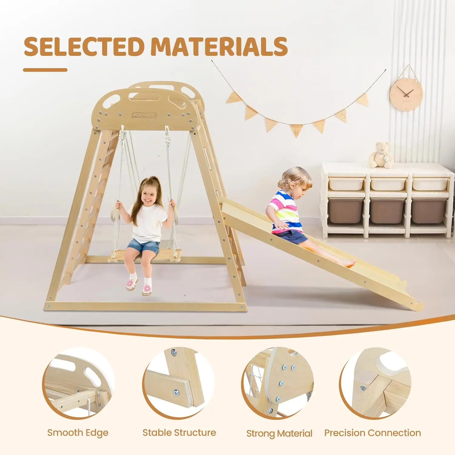 8-in-1 Indoor Jungle Gym voor kinderen en peuters met hangende brug en schommel, houten binnenspeeltuin met glijbaan, schoolbord, L