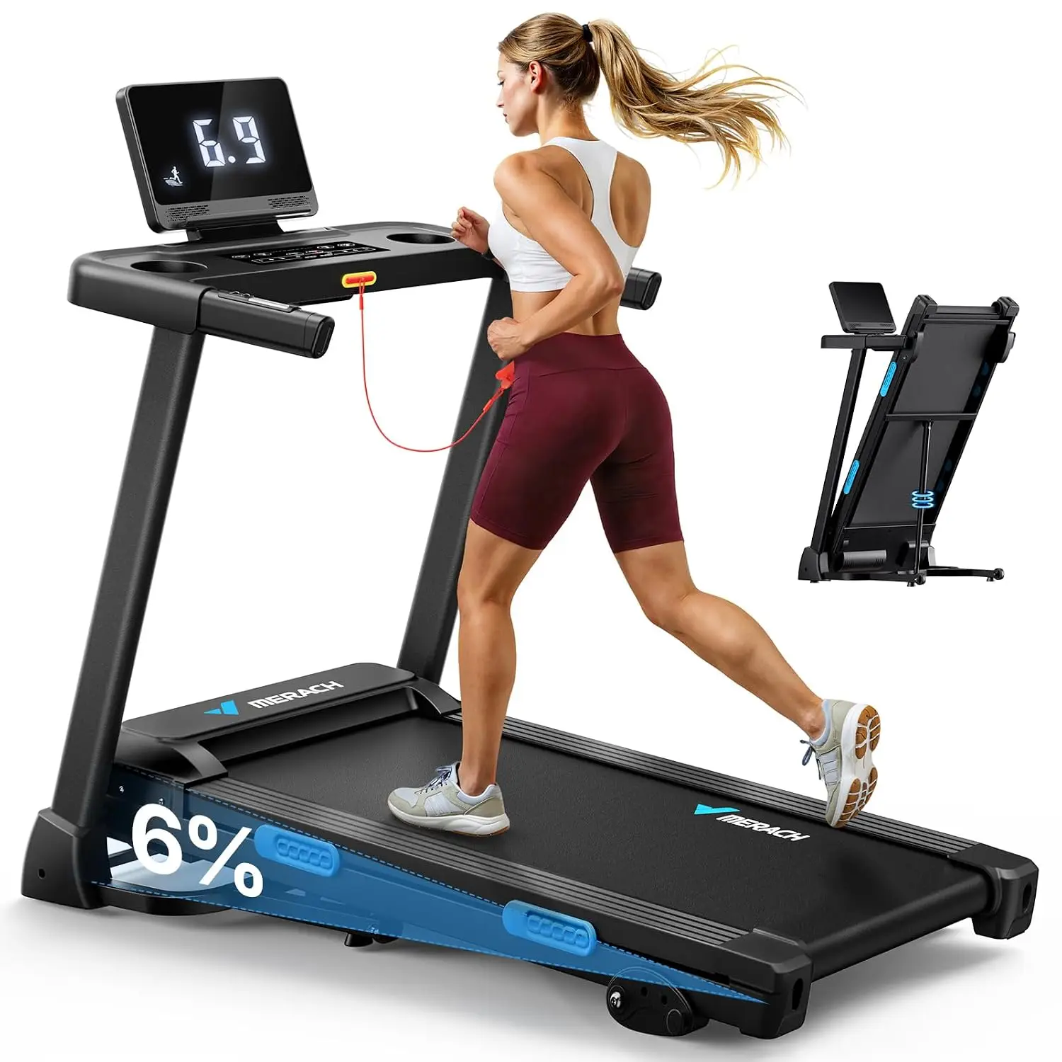 Foldable Treadmill 300 LBS Wide Belt | 0-15% Incline LED Display Smart App 2.5HP Brushless Motor Compact Home, Customized