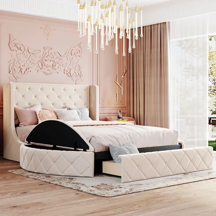 round beige velvet wooden with storage Spring coil twin queen king full size storage bed and foam mattress