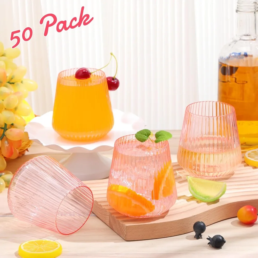 كؤوس نبيذ بلاستيكية غير قابلة للكسر - 50 عبوة، تصميم مضلع وردي 14 أونصة، مثالية للاستخدام الخارجي والداخلي، طراز عتيق El