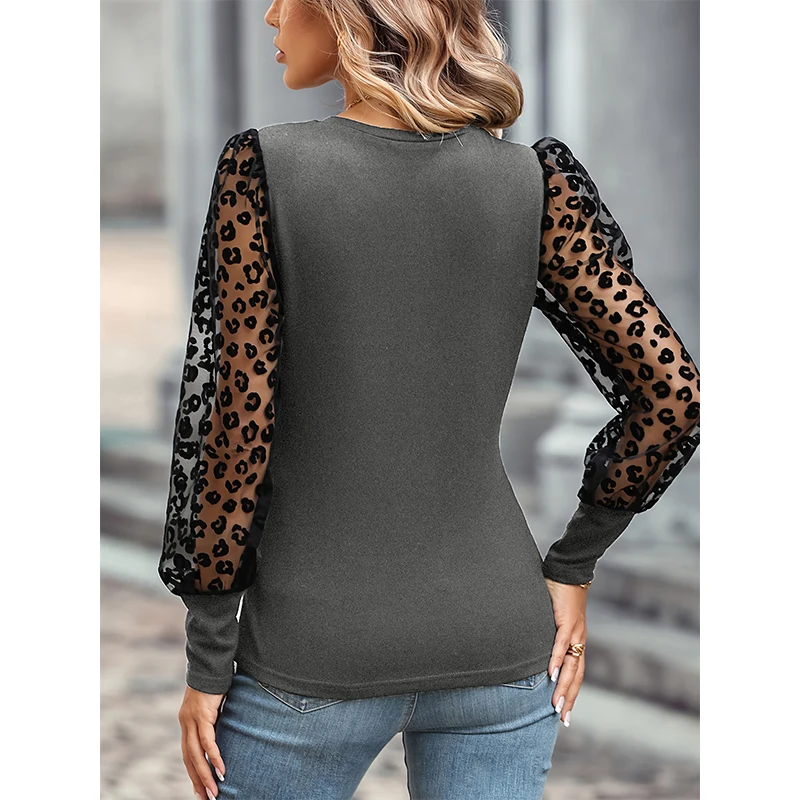 Spring Autumn Round Neck Mesh Jacquard Patchwork Long Sleeve T-shirt Ladies Slim All-match Bottoming Tees Women's Pullover Top