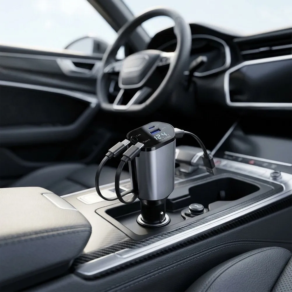 for Fast Car Charger Retractable Phone Charger Voltage Display Feature Charging Cable Length 80cm Over-Current Protection