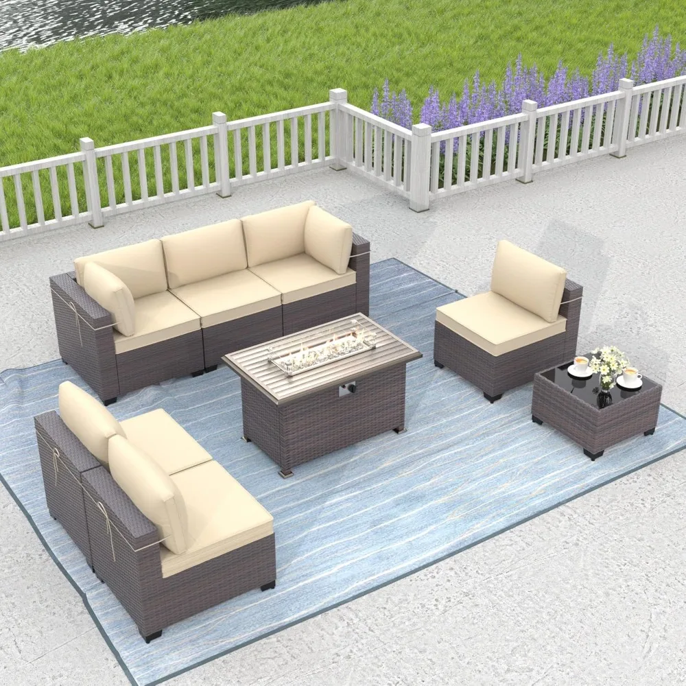 8 Piece Outdoor Sectional Sofa Set with 43in Gas Fire Table, 55,000 BTU Auto-Ignition Firepit W/Glass Wind Guard