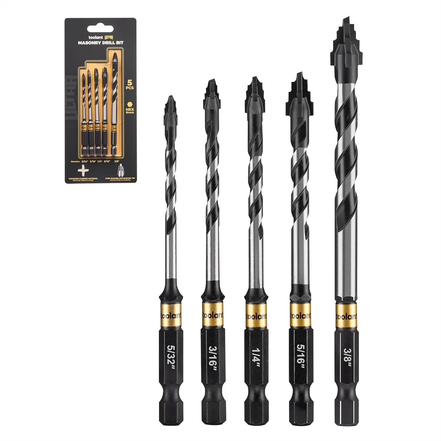

Masonry Drill Bit Set, Serrated Eccentric Carbide Tip for Concrete Brick Tile Glass, 5-Piece Industrial Strength with Hex Shank