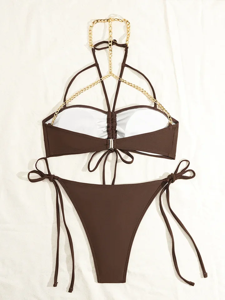 Vzvn Sexy Solid Chain Lace Up Vacation Bikini Set Women Split Swimsuit Beach Bikini 2026 All Season Backless Bikinis 2 Piece Set